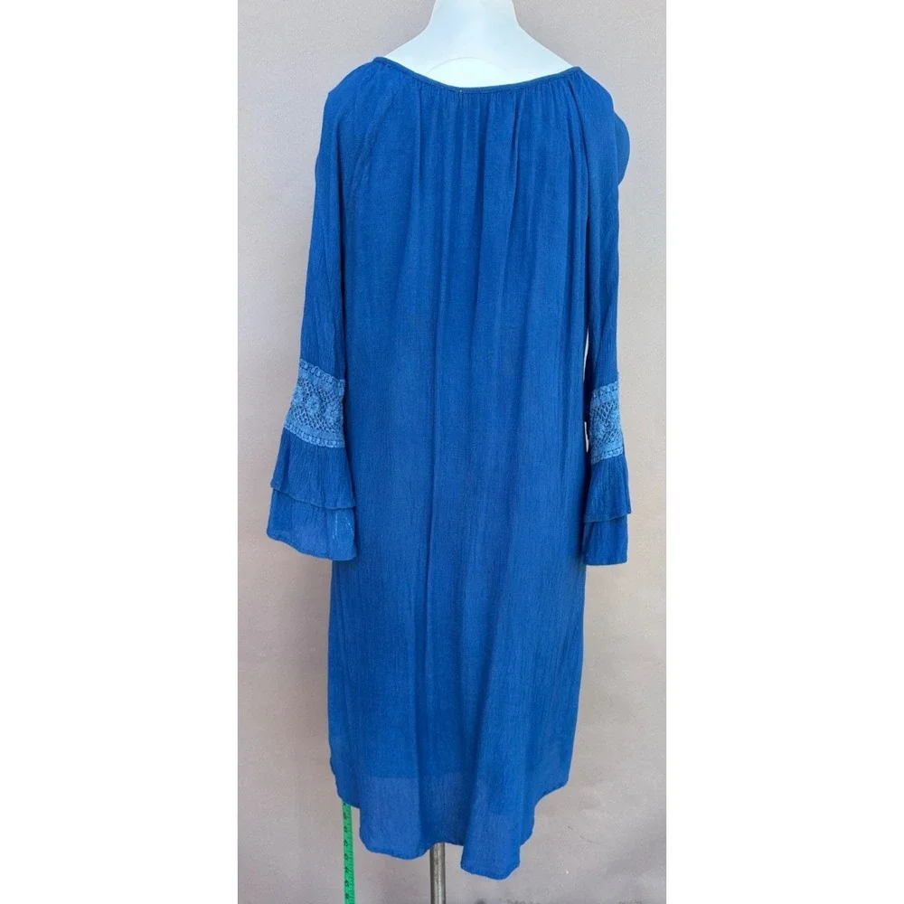Studio West Womens L Blue Bell Sleeve Embroidered Floral Shift Dress Boho Coasta
